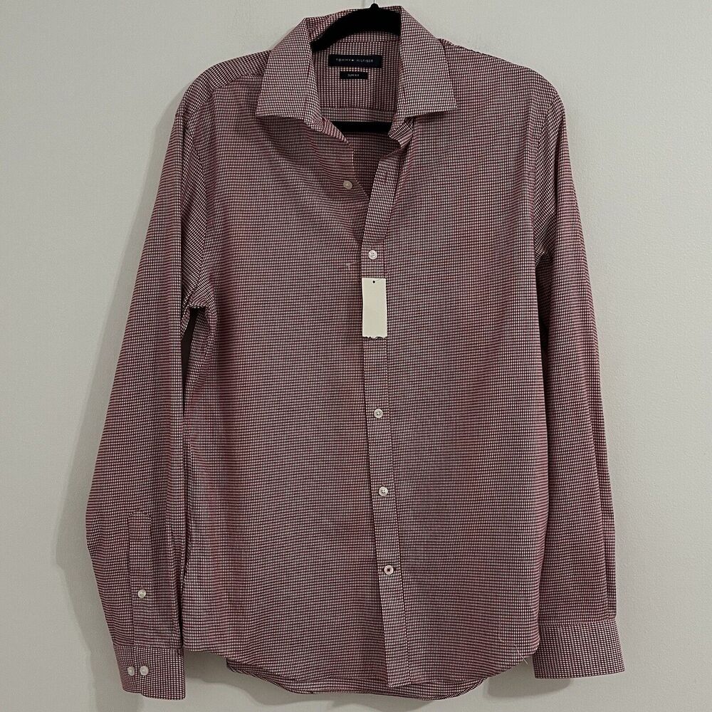 Tommy Hilfiger Shirt Slim Fit Button Up Plaid Ruby Red Long Sleeve Men 15- 15.5